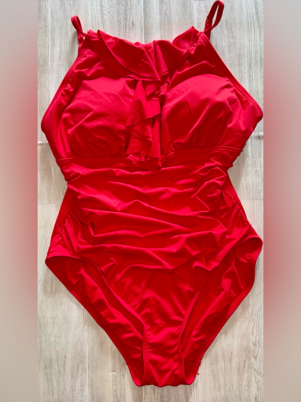 DKNY Red Ruffle-Front One-Piece Swimsuit - Picture 2 of 10